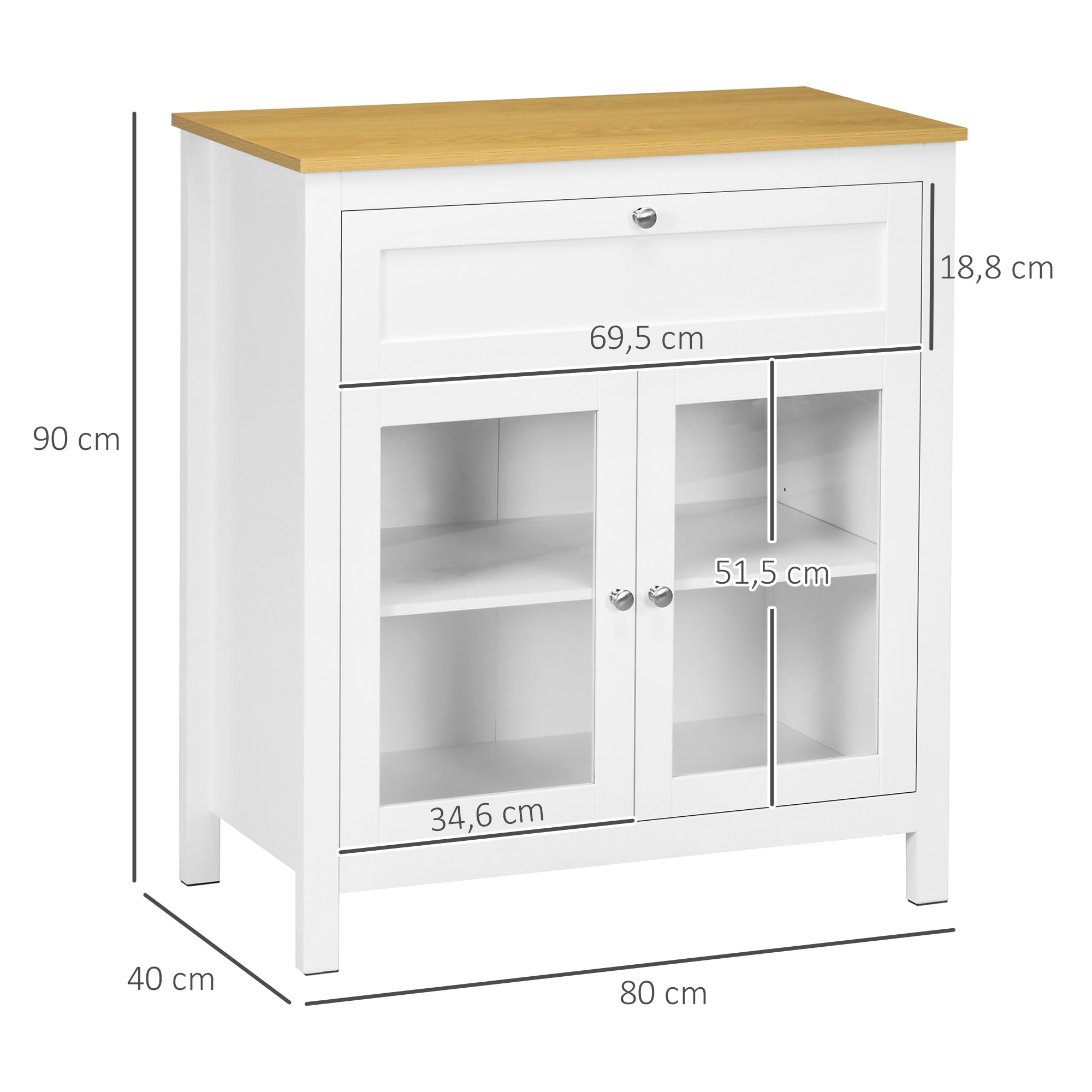 Aparador de Cocina Moderno Mueble Buffet Auxiliar con Cajón Estante Ajustable y 2 Puertas de Vidrio para Salón Comedor 80x40x90 cm Blanco