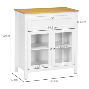 Aparador de Cocina Moderno Mueble Buffet Auxiliar con Cajón Estante Ajustable y 2 Puertas de Vidrio para Salón Comedor 80x40x90 cm Blanco