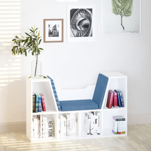 Librería con Asiento Estantería de Libros con 6 Cubos Zapatero con Banco con Cojín Multiusos para Sala de Estar Oficina Dormitorio 102x30x61cm Blanco y Azul