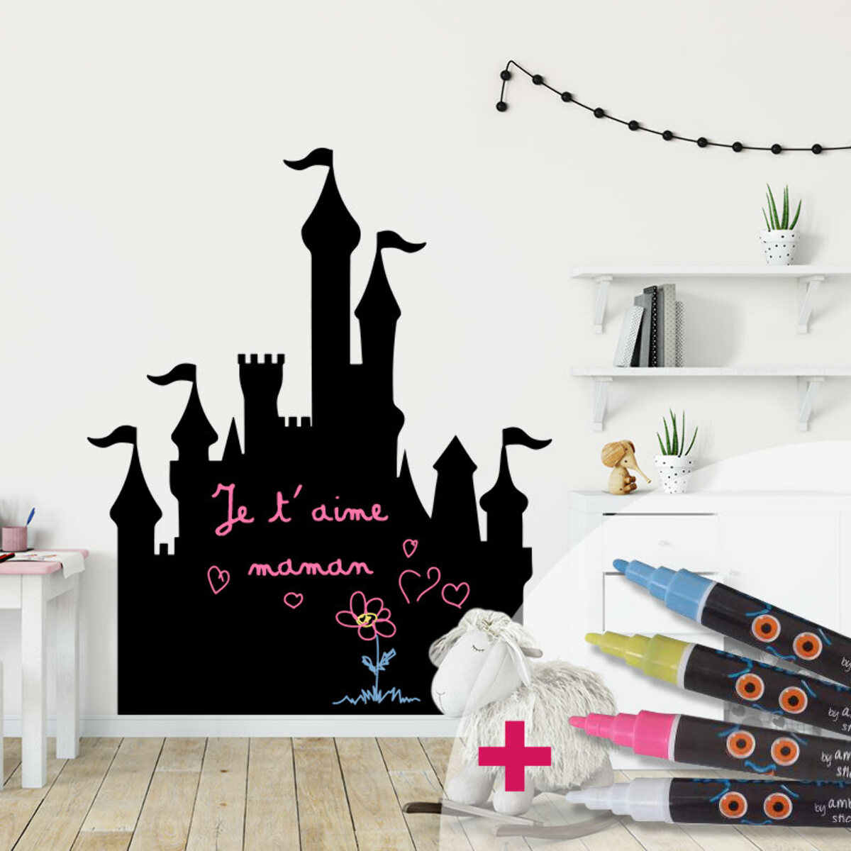 Sticker ardoise tableau noir - stickers muraux adhésif effaçable - CHÂTEAU DE PRINCESSE + 4 CRAIES LIQUIDES