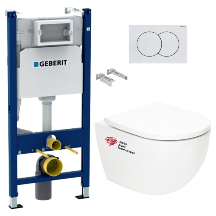 Pack WC Bâti support Geberit + WC Swiss Aqua Technologies Tornado sans bride + abattant SoftClose + plaque (TORNADOGEB3)