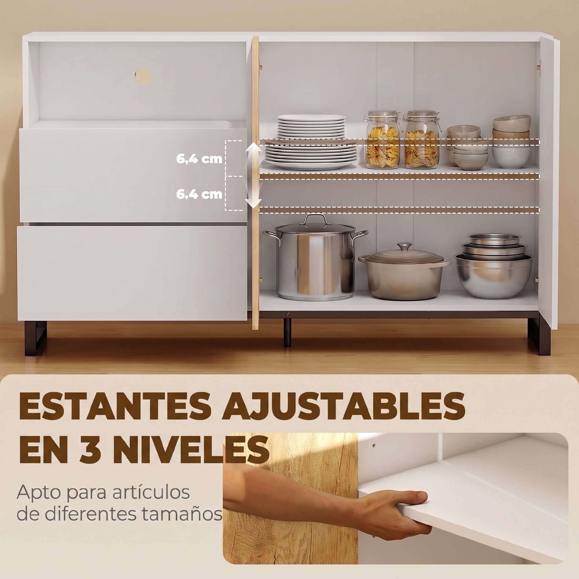 Aparador de 2 Puertas, Aparador de Salón Estrecho con 2 Cajones, Compartimento Abierto, Armario de Cocina con Estante Ajustable, para Entrada, Dormitorio, 140x40x85 cm, Blanco y Roble
