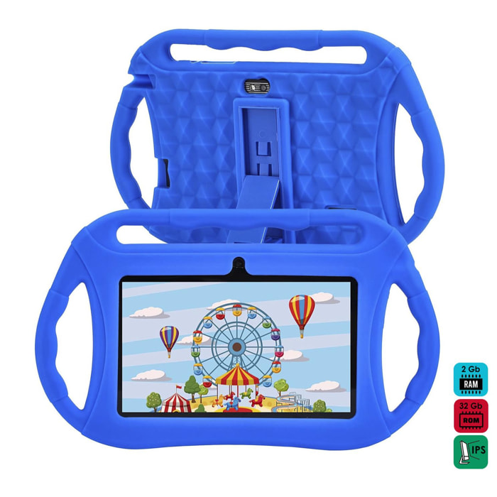 Tablet per bambini WiFi Q8. Sistema operativo Android 10 con IWAWA. Schermo 7'' 1024x600px. Allwinner A100, ARM Cortex™-A53 Quad-Core, 1,6 Ghz 2 GB di RAM + 32 GB. Doppia camera, involucro in silicone.