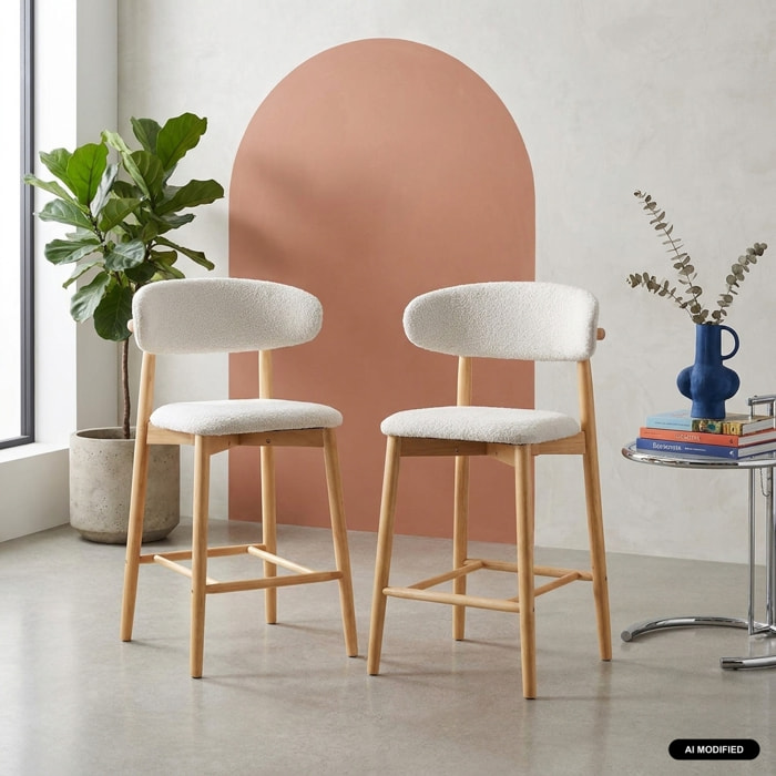 Tabouret de bar bois d'hévéa et tissu bouclette (lot de 2)  PAOLA
