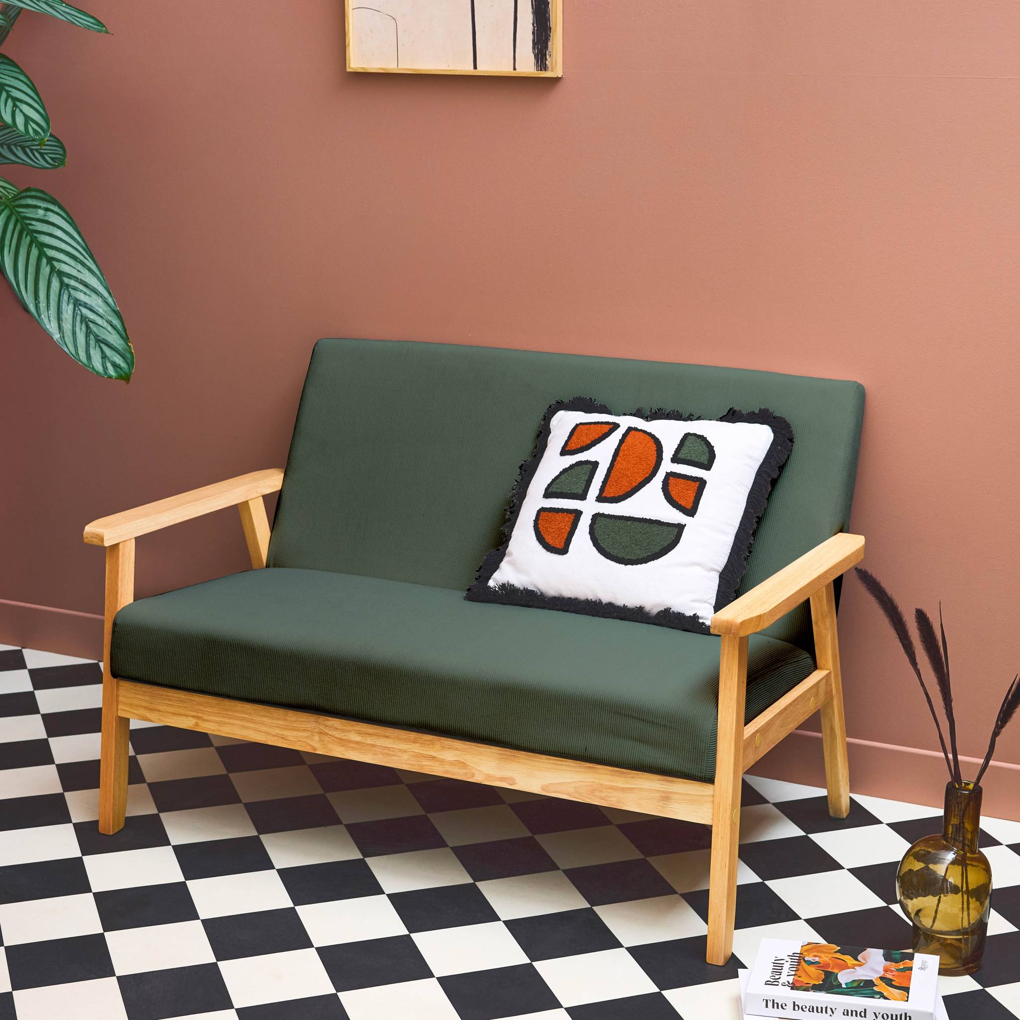Banquette canapé 2 places en bois et tissu velours côtelé coloris vert kaki. Isak. L 114 x P 69.5 x H 73cm