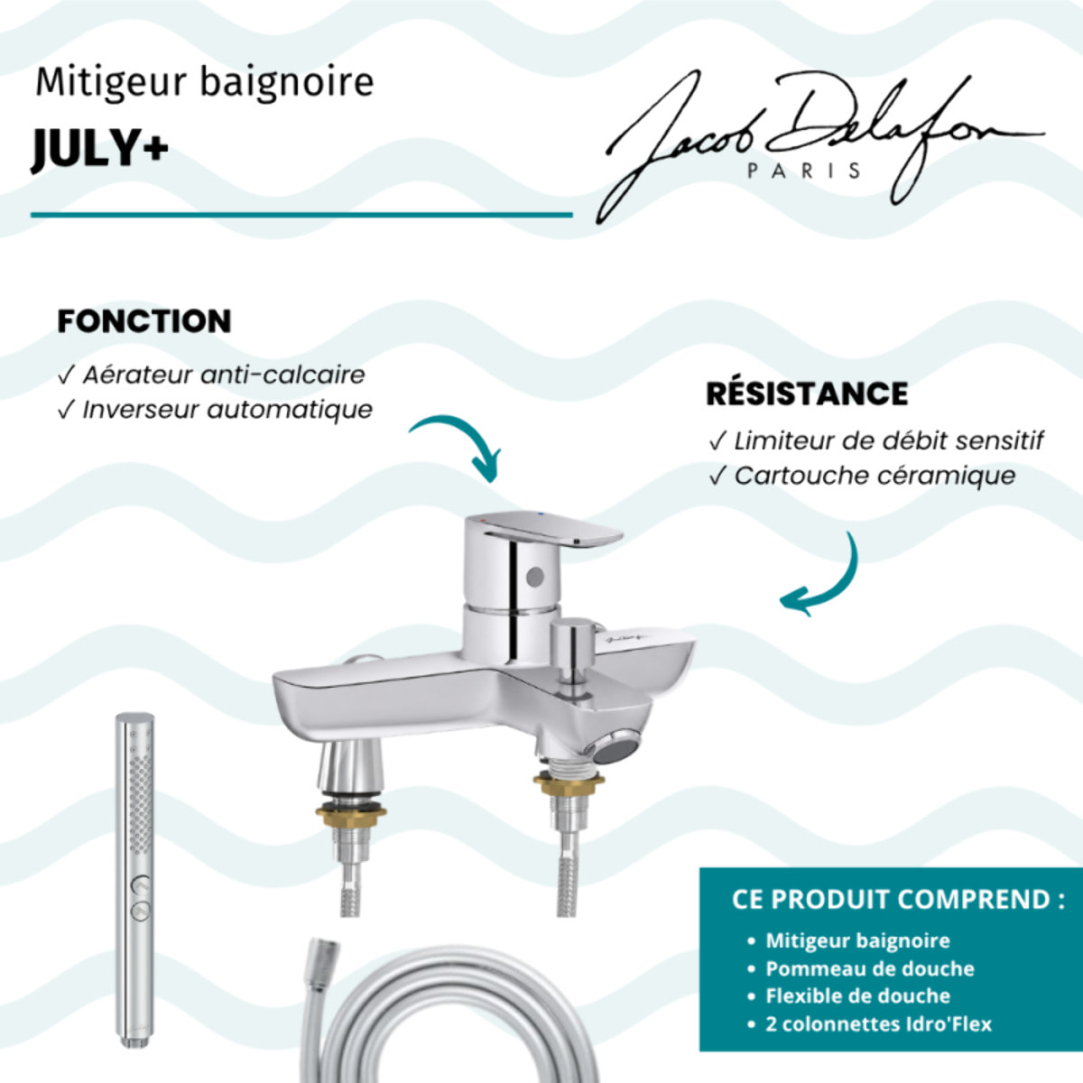 Mitigeur baignoire July+ + pommeau de douche Shift+ rond + flexible de douche lisse + colonnettes Idro'Flex