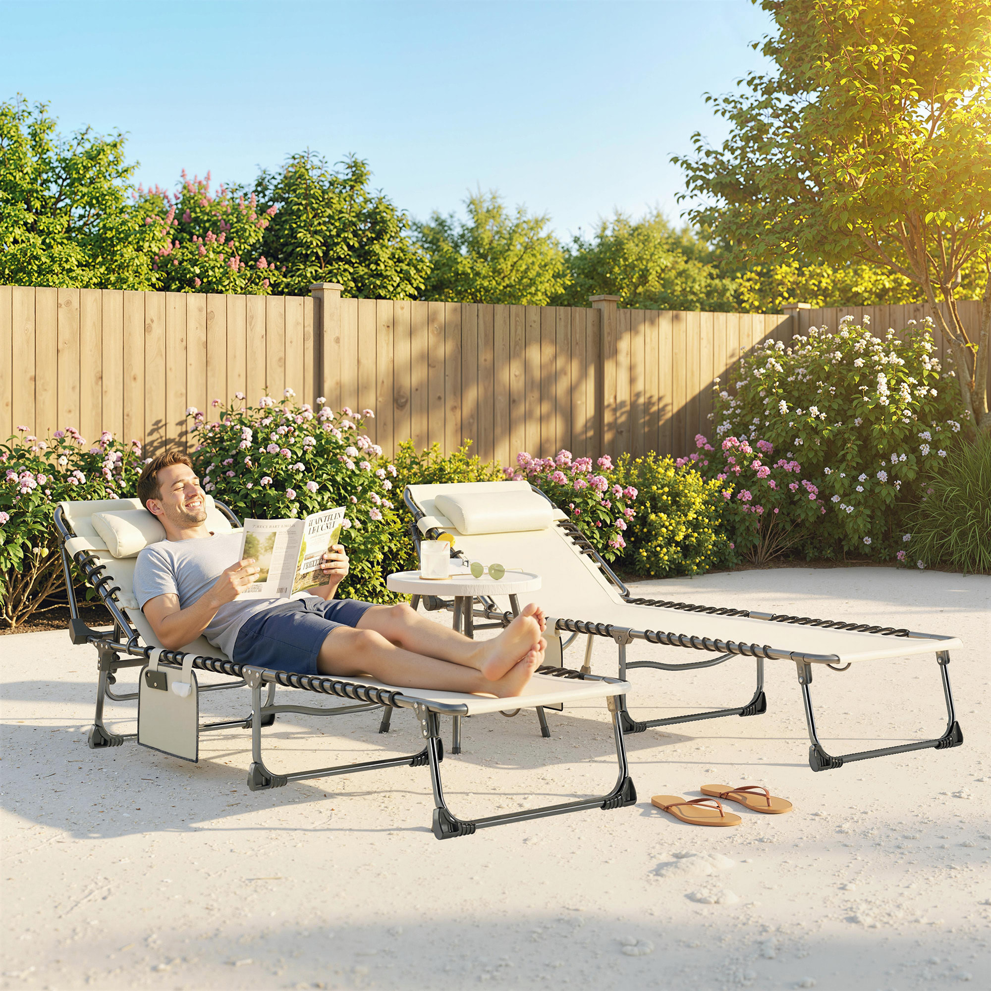 Set de 2 Tumbonas Jardín Exterior, Tumbonas Plegables con Reposacabezas y Bolsillo Lateral, Respaldo Reclinable 5 Posiciones y Asiento de Malla Transpirable para Playa, Piscina, Blanco Crema