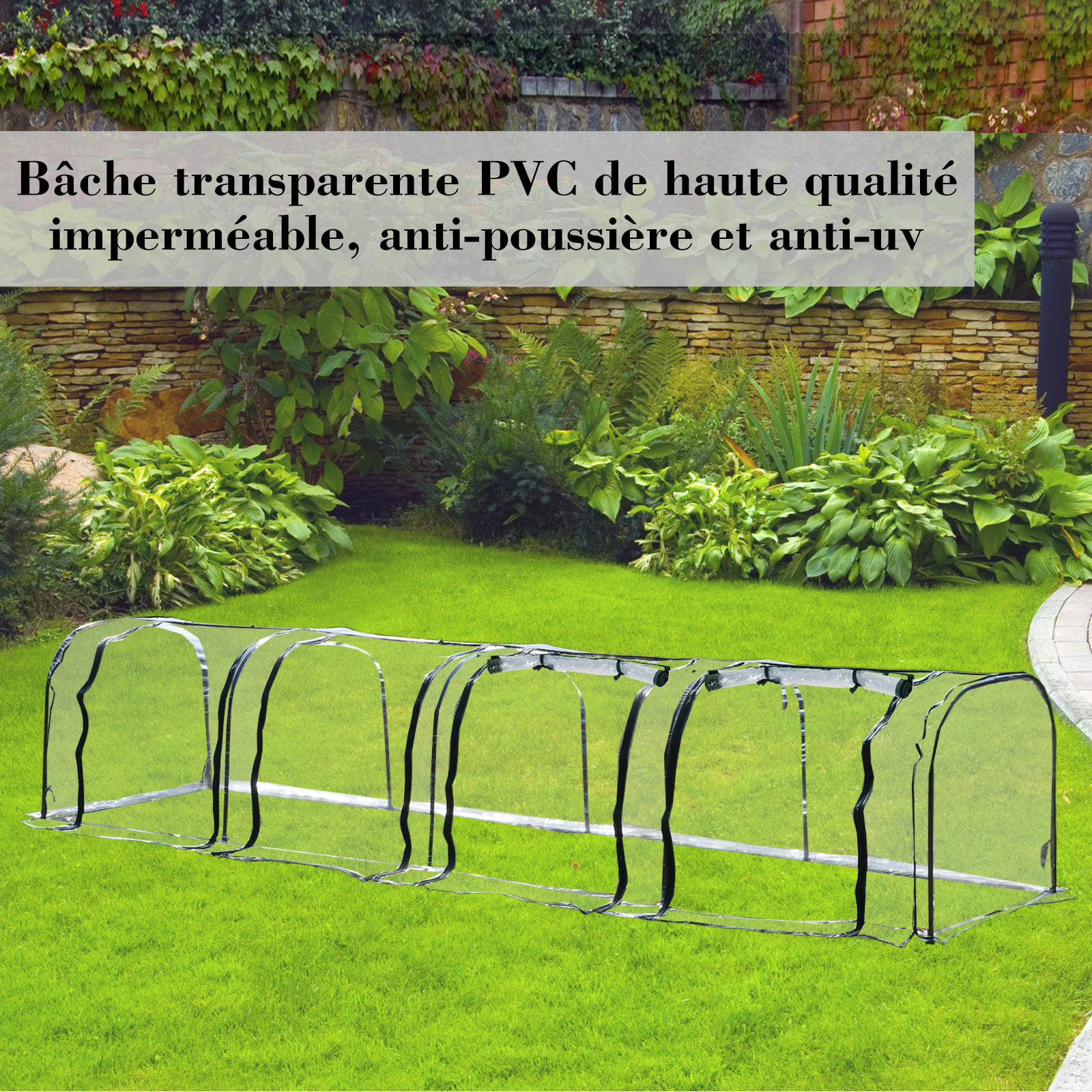 Serre de jardin tunnel 3,95L x 1l x 0,8H m 4 portes zippées bâche PVC transparent acier thermolaqué vert