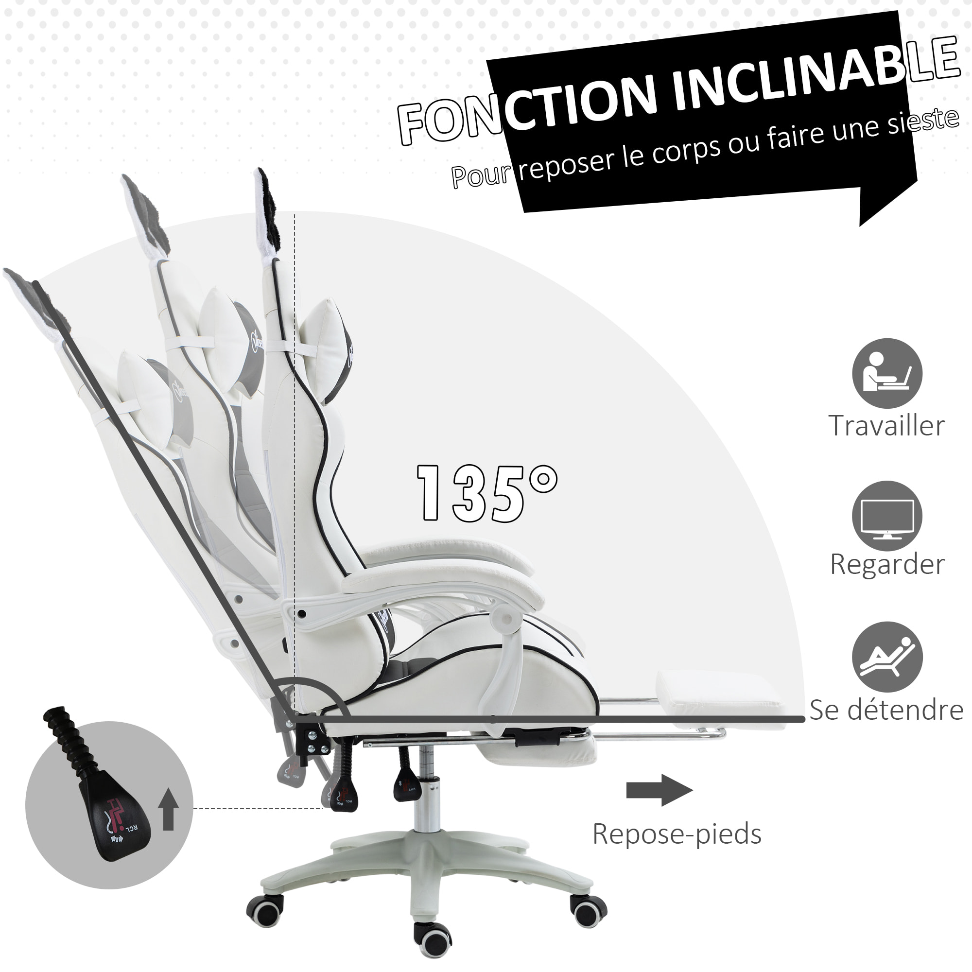 Chaise gaming fauteuil gamer inclinable réglable repose-pied rétractable oreilles de lapin amovibles noir blanc