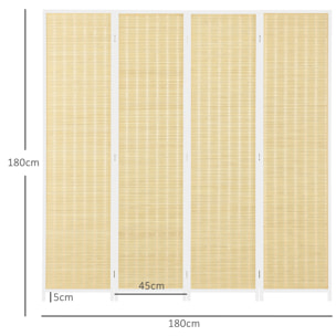 Biombo de 4 Paneles Plegable 180x180 cm Separador de Ambientes Divisor de Habitación Tejido a Mano de Bambú e Hilo de Algodón Decoración Elegante para Salón Blanco