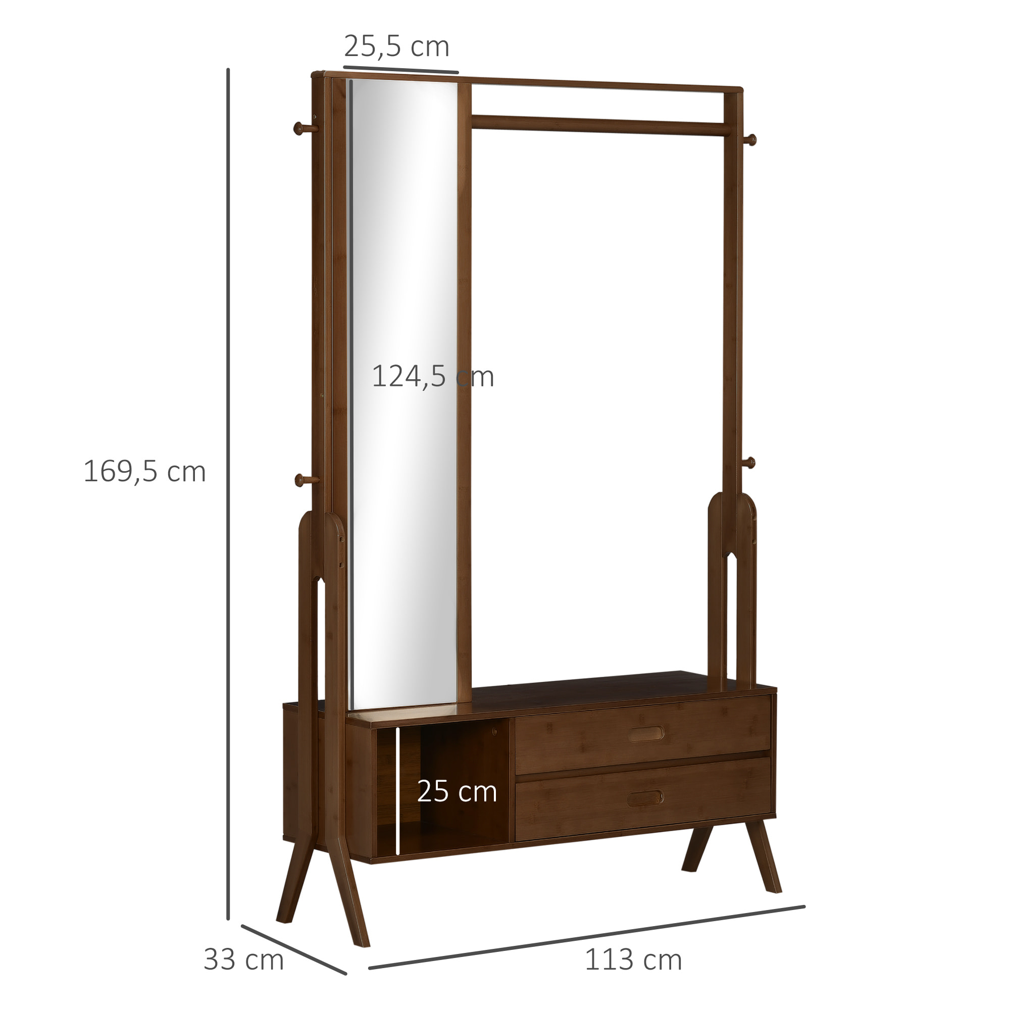 HOMCOM Perchero de Bambú con Banco Perchero de Entrada con Espejo 2 Cajones 4 Ganchos Barra y Compartimiento de Almacenamiento para Dormitorio Pasillo 113x33x169,5 cm Marrón