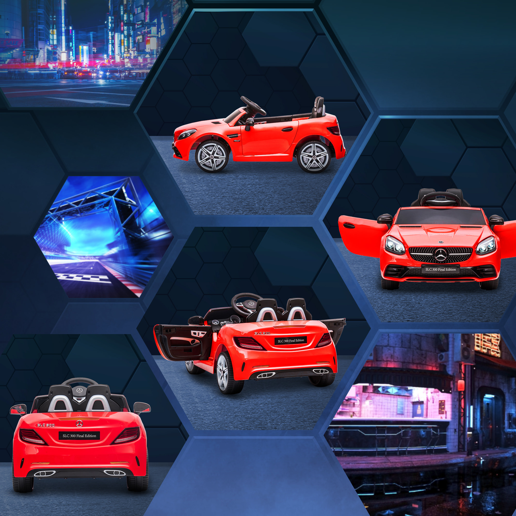 Coche Eléctrico para Niños de +3 Años, Mercedes SLC 300, Coche Eléctrico 12V, con Mando a Distancia 2,4 G, Ruedas Traseras con Suspensión, Faros LED, Música, USB, Motor Doble, Rojo