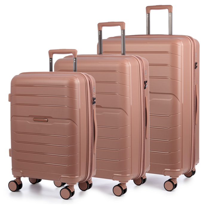 Set di 3 valigie Trolley espandibili, in materiale leggero PP resistente alla rottura. Chiusura TSA numerica, 4 ruote doppie girevoli a 360°.