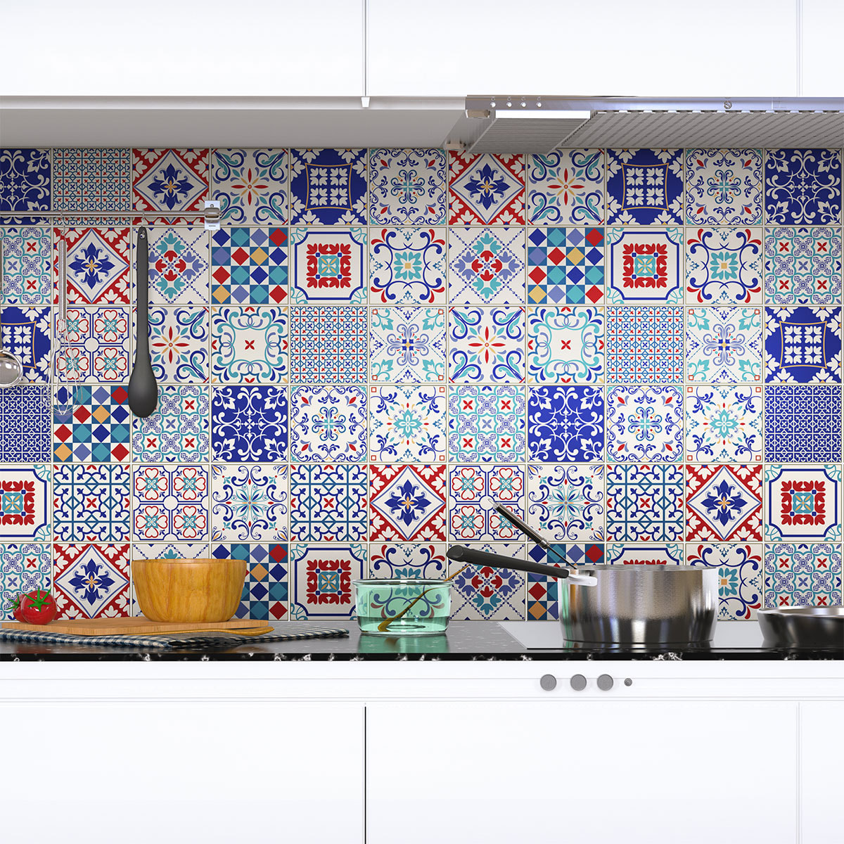 Stickers muraux - Sticker Mural Carrelage adhésif Cuisine Salle de Bain - 60 STICKERS CARREAUX DE CIMENT AZULEJOS OLIVIERA