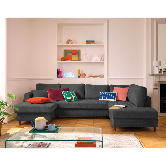 Anna - canapé panoramique d'angle droit 7 places convertible avec coffre en velours texturé - Gris Anthracite
