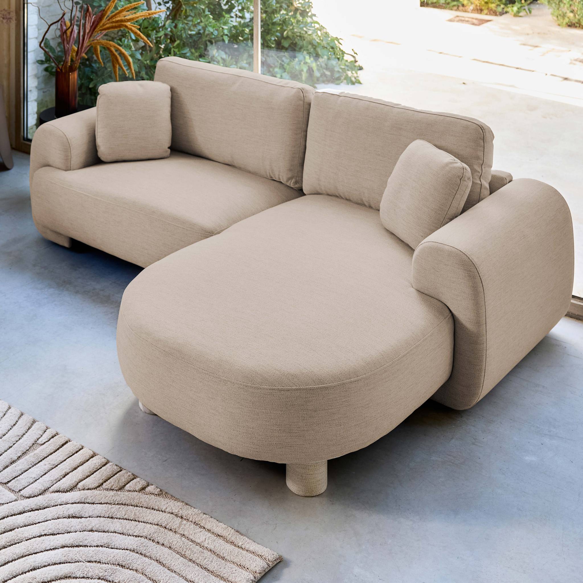 Canapé d'angle droit 3 places tissu, pieds ronds ZENIO