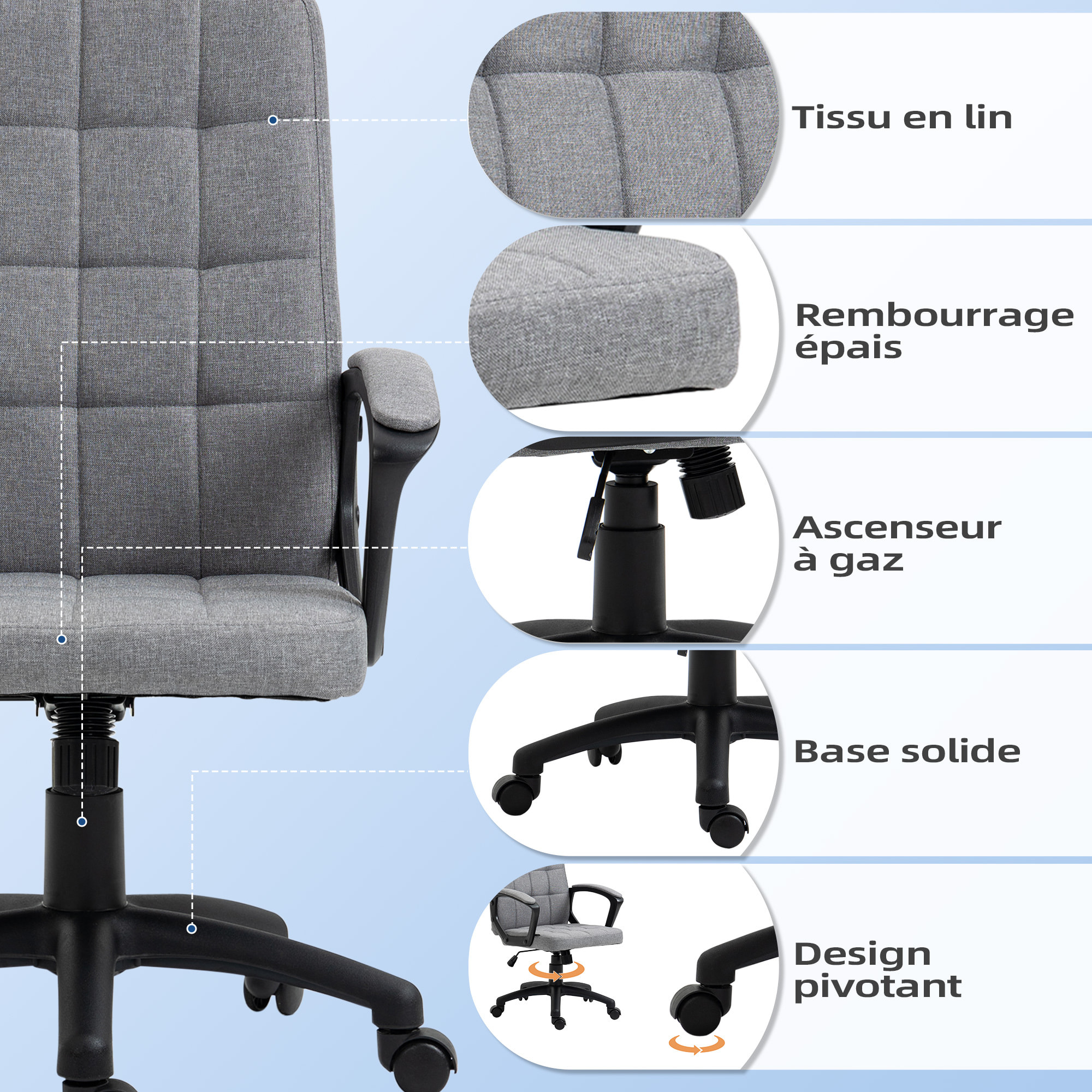 Chaise de bureau design Chesterfield effet capitonné hauteur réglable pivotant 360° tissu gris