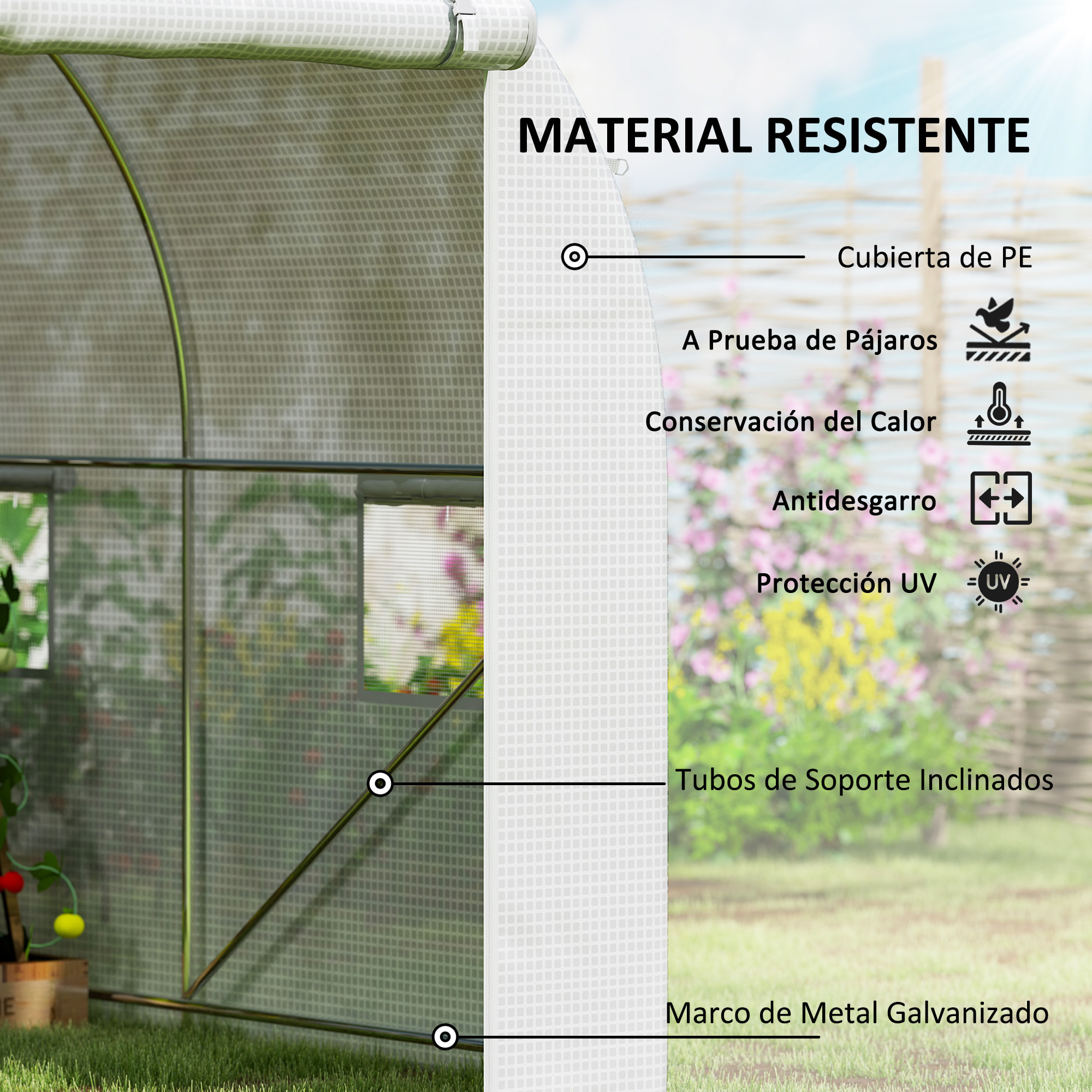 Invernadero de Túnel 500x200x205 cm Invernadero de Jardín con Puerta Enrollable y 8 Ventanas Cubierta PE 140 g/m² Marco de Metal para Cultivo Plantas Verduras Blanco