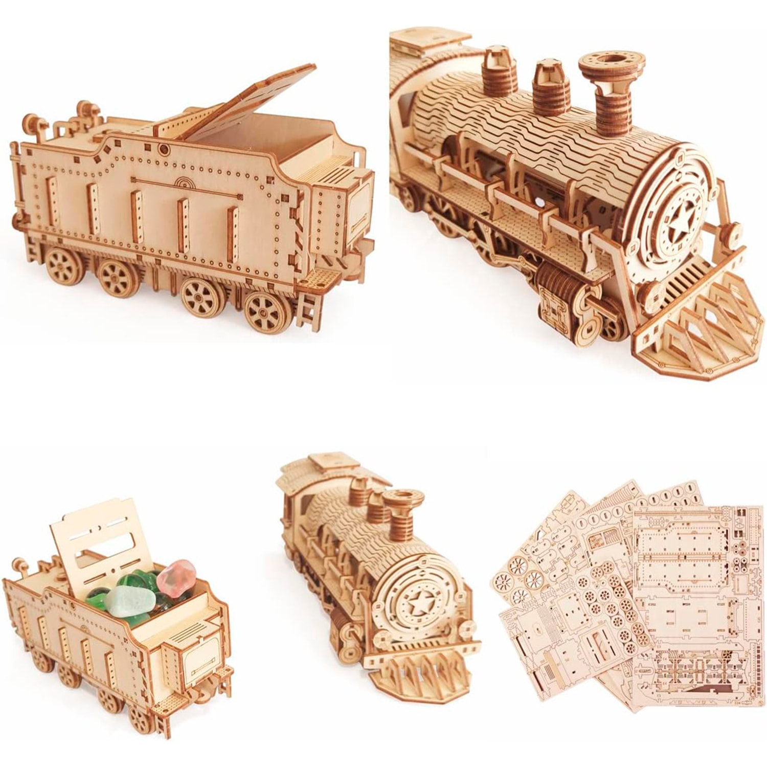 Maqueta de Madera 3D, diseño de trén de vapor con movimiento mecánico. 160 piezas.