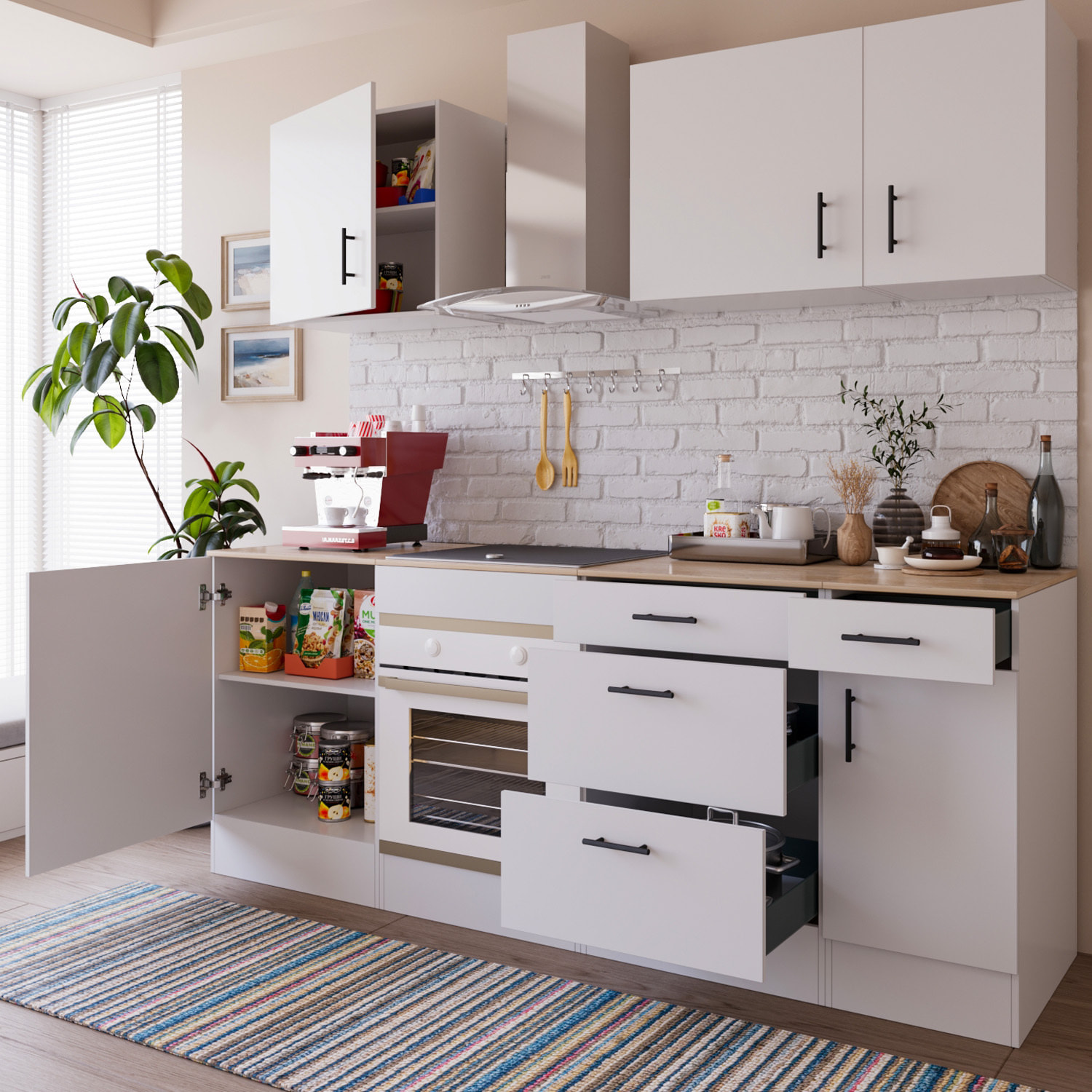 Cucina Componibile Completa Da 220 Cm Moderna con Cassetti Ammortizzati Piedini Regolabili Moduli Pensili Facile Da Installare Bianco Lucido e Rovere