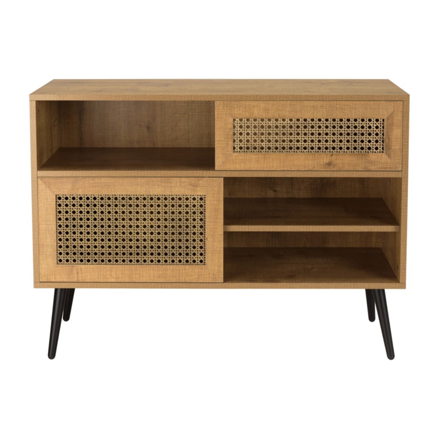 CHARLIE - Buffet bas marron 3 niches 2 portes effet cannage pieds métal