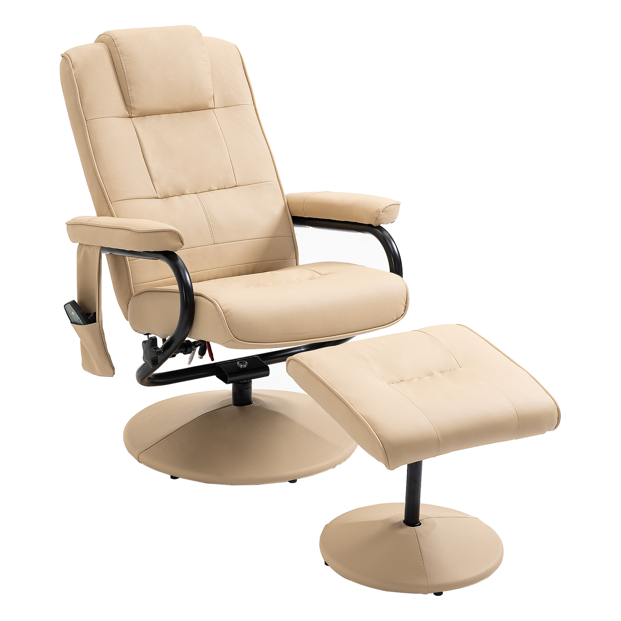 Sillón de Masaje Eléctrico con Taburete Reposapiés Sillón Relax Giratorio Reclinable hasta 145° con Control Remoto y 10 Zonas de Masaje Tapizado en PU 77x84x95 cm Beige