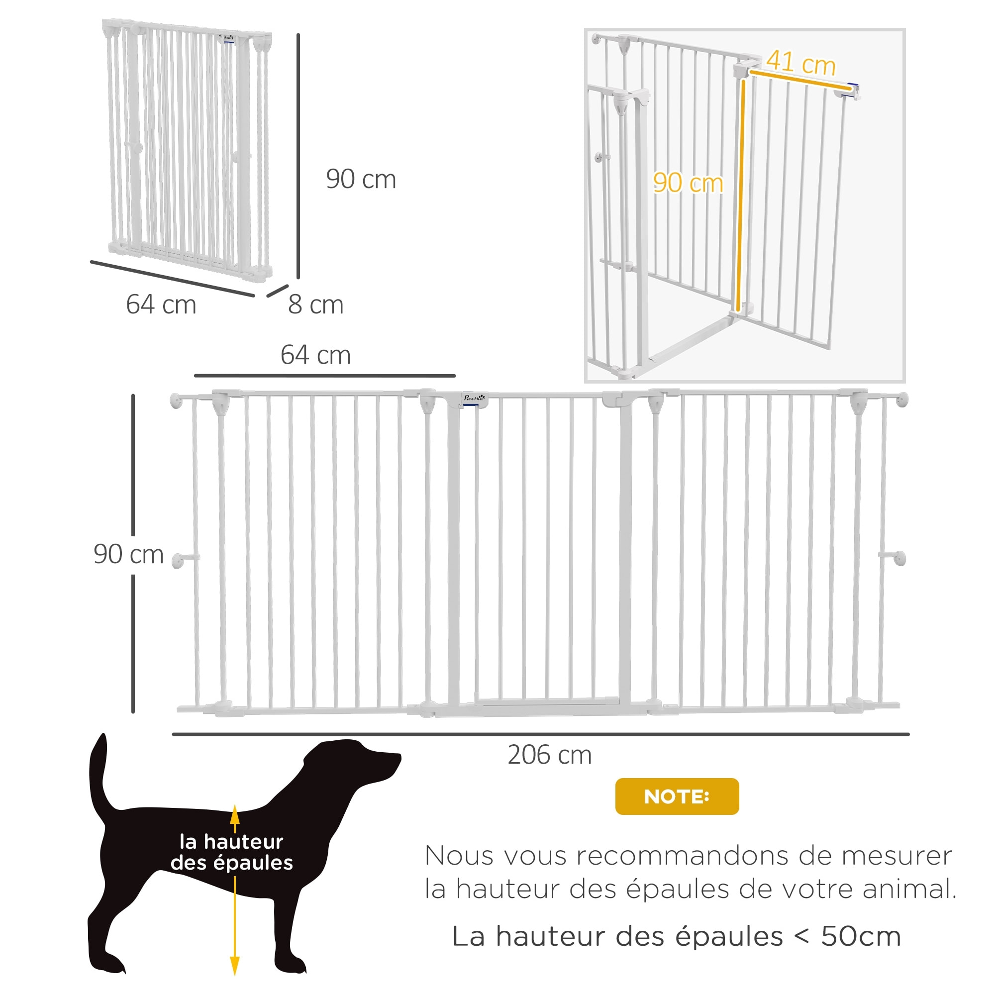 Barrière de sécurité pliable pour chien - 3 panneaux, porte verrouillable - dim. 206L x 90H cm - acier PP blanc