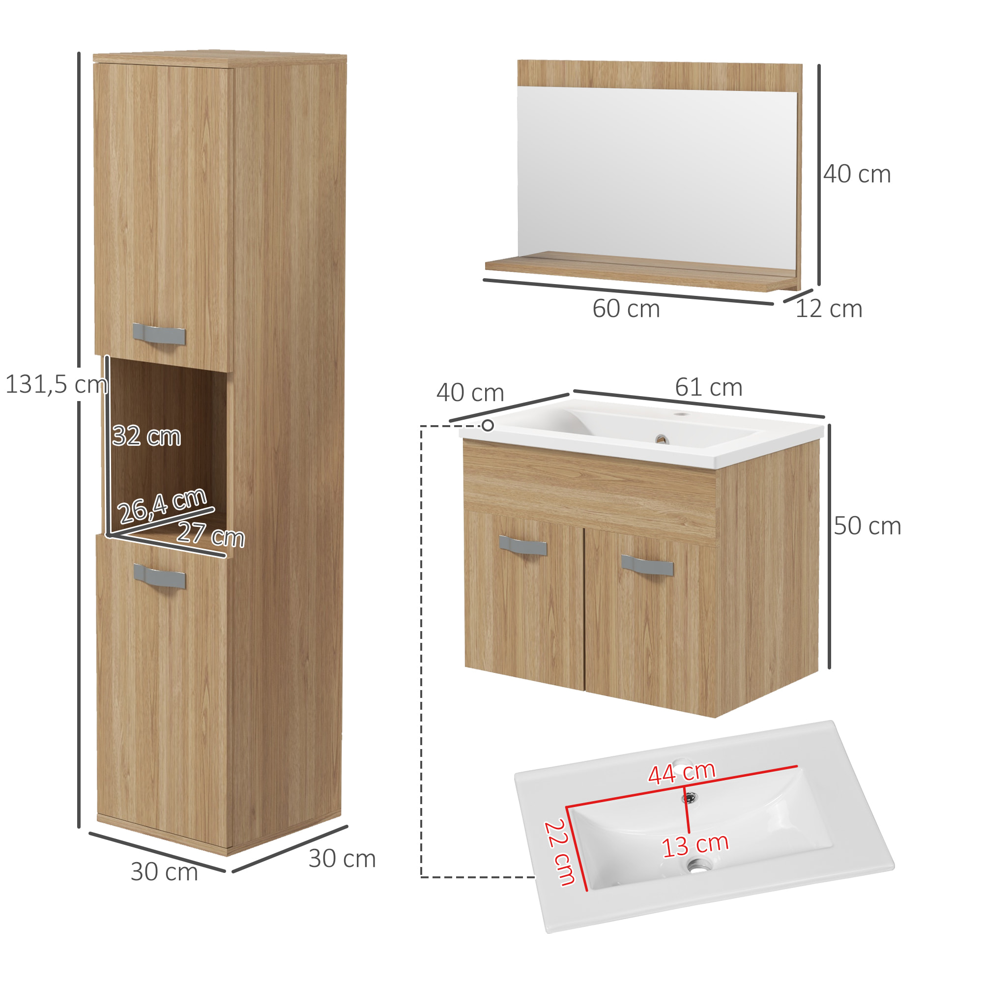 Conjunto de Muebles de Baño de Pared de 3 Piezas, Incluye Espejo, Mueble de Baño con Lavabo Cerámico, Armario Alto con Estantes Ajustables, Estilo Moderno, Natural