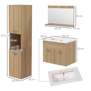 Conjunto de Muebles de Baño de Pared de 3 Piezas, Incluye Espejo, Mueble de Baño con Lavabo Cerámico, Armario Alto con Estantes Ajustables, Estilo Moderno, Natural