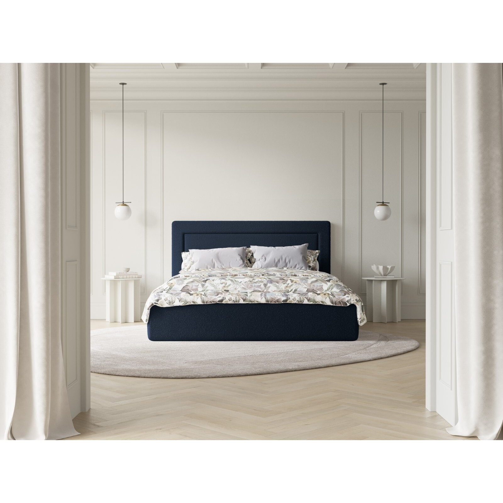 Lit coffre avec tête de lit "Valerie" 180x200cm en bouclé bleu foncé