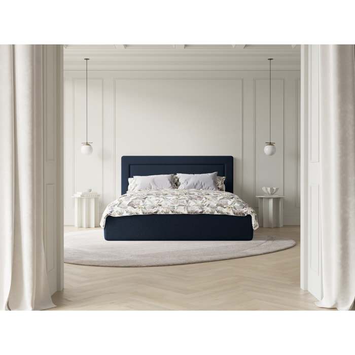 Lit coffre avec tête de lit "Valerie" 180x200cm en bouclé bleu foncé