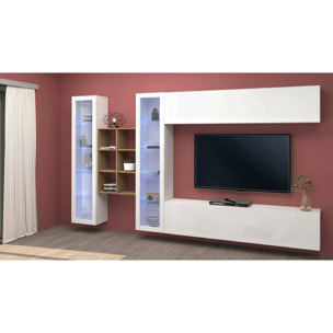 Parete attrezzata Demetrio, Set salotto porta TV a 4 ante, Mobile soggiorno multiuso, 100% Made in Italy, cm 280x30h180, Bianco lucido e Acero