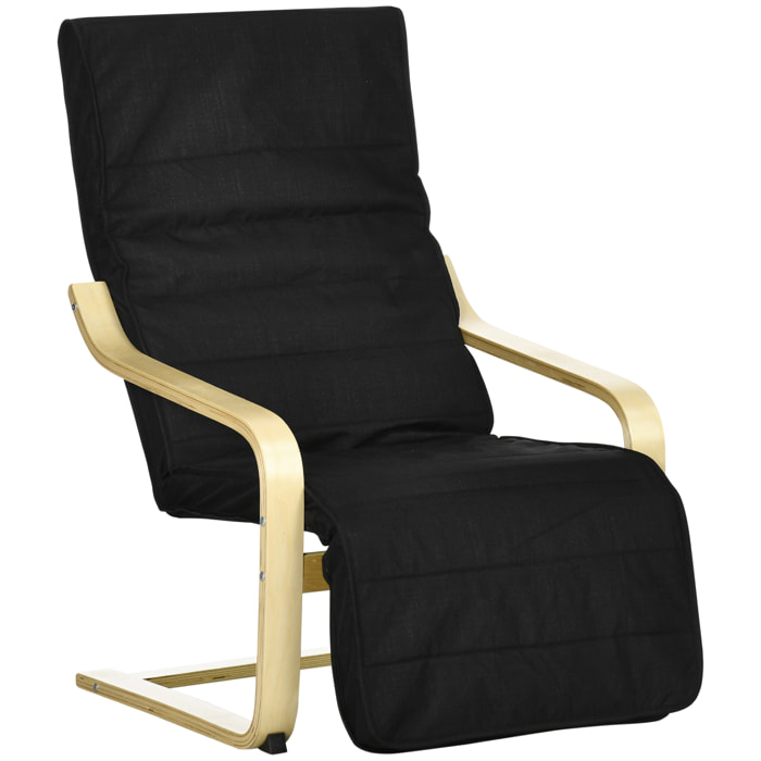 Fauteuil style nordique - repose-pied réglable - déhoussable - bois de bouleau tissu noir