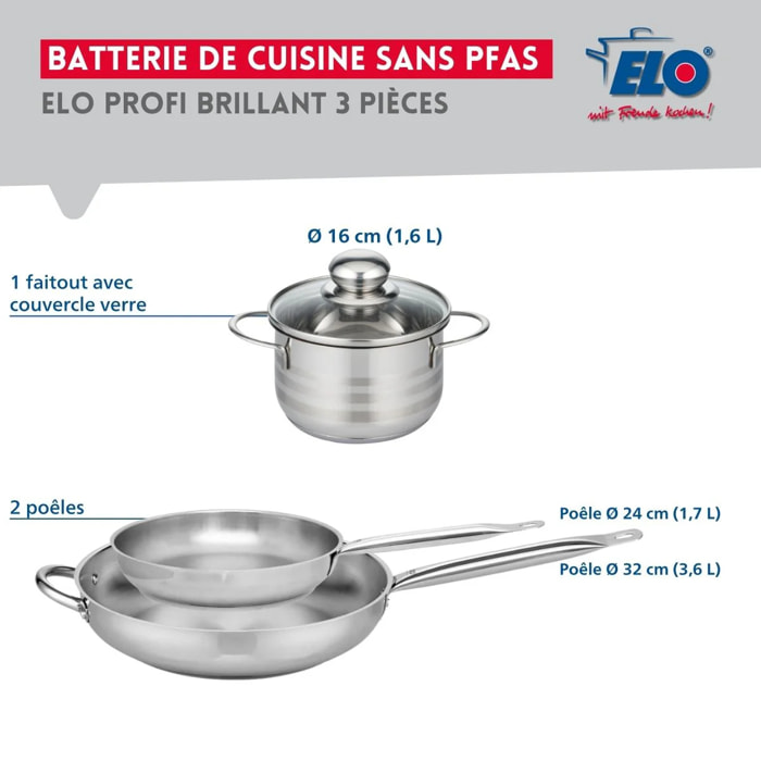 Ensemble de 2 Poêles de cuisson 24 et 32 cm et 1 faitout 16 cm Elo Profi Brillant