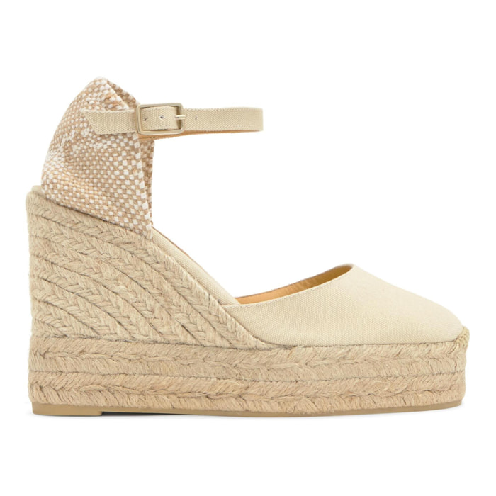 Alpargata de cuña 8 cm en lona de algodón con talonera trenzada y pulsera al tobillo