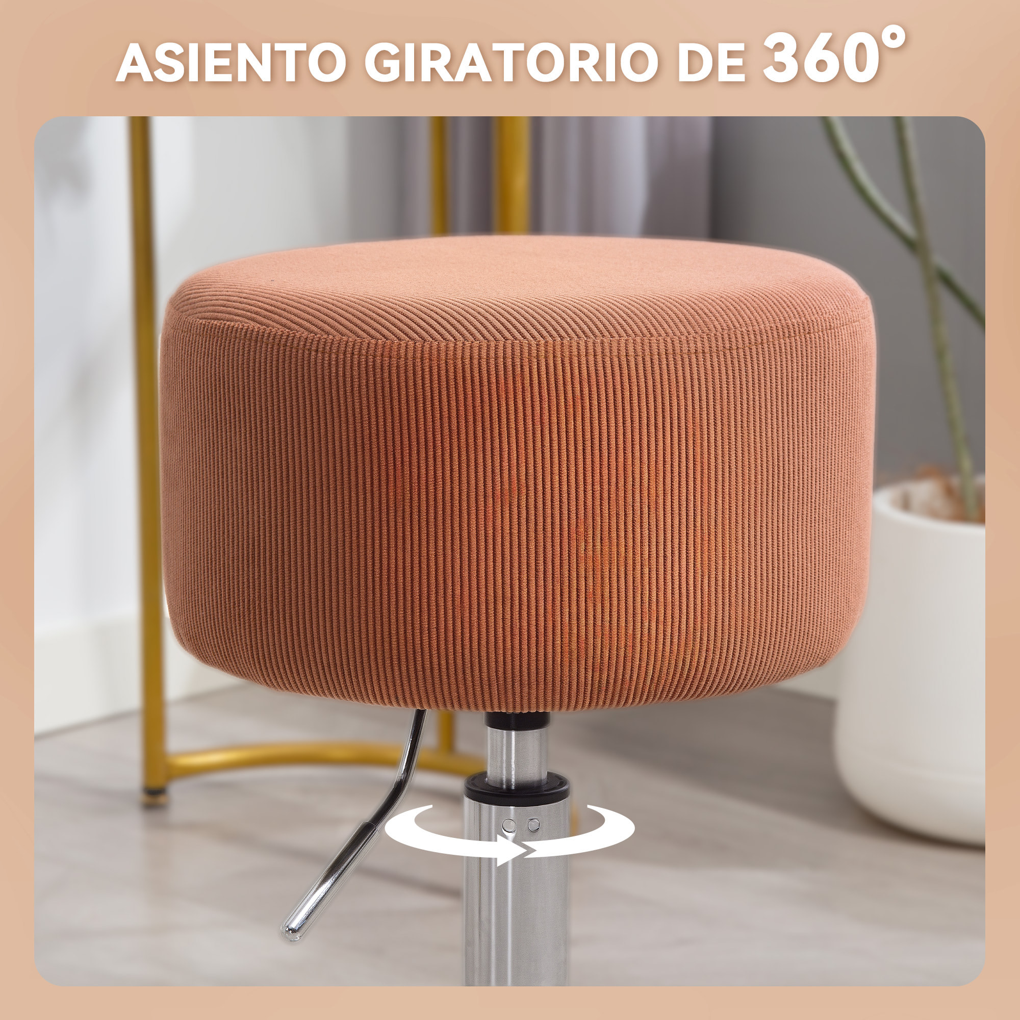 Taburete de Bar Taburete Alto de Cocina Regulable en Altura 52-66 cm Tapizado en Pana Giratorio en 360° para Comedor Tocador Mostrador Marrón