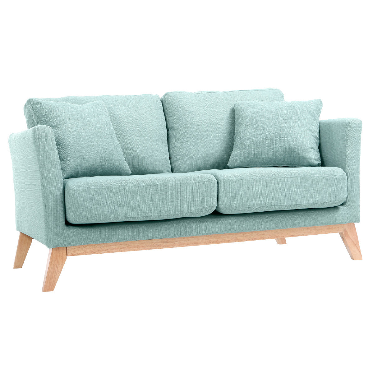 Canapé scandinave déhoussable 2 places en tissu vert lagon et bois clair OSLO