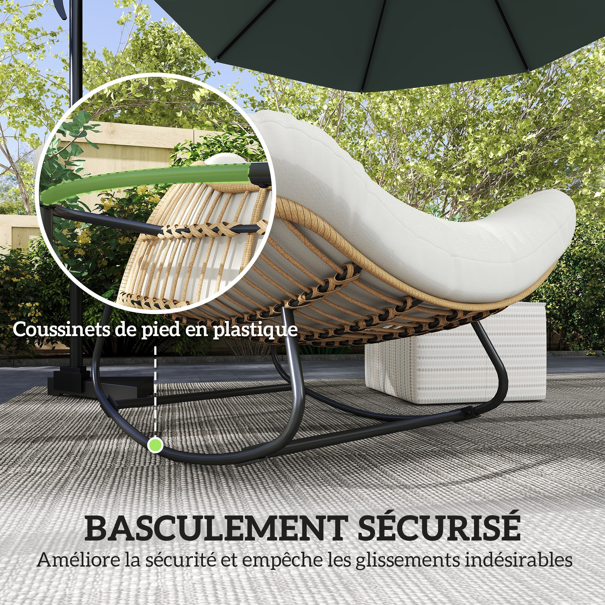 Fauteuil de jardin à bascule - fauteuil à oreilles - chaise à bascule - épais coussin capitonné crème