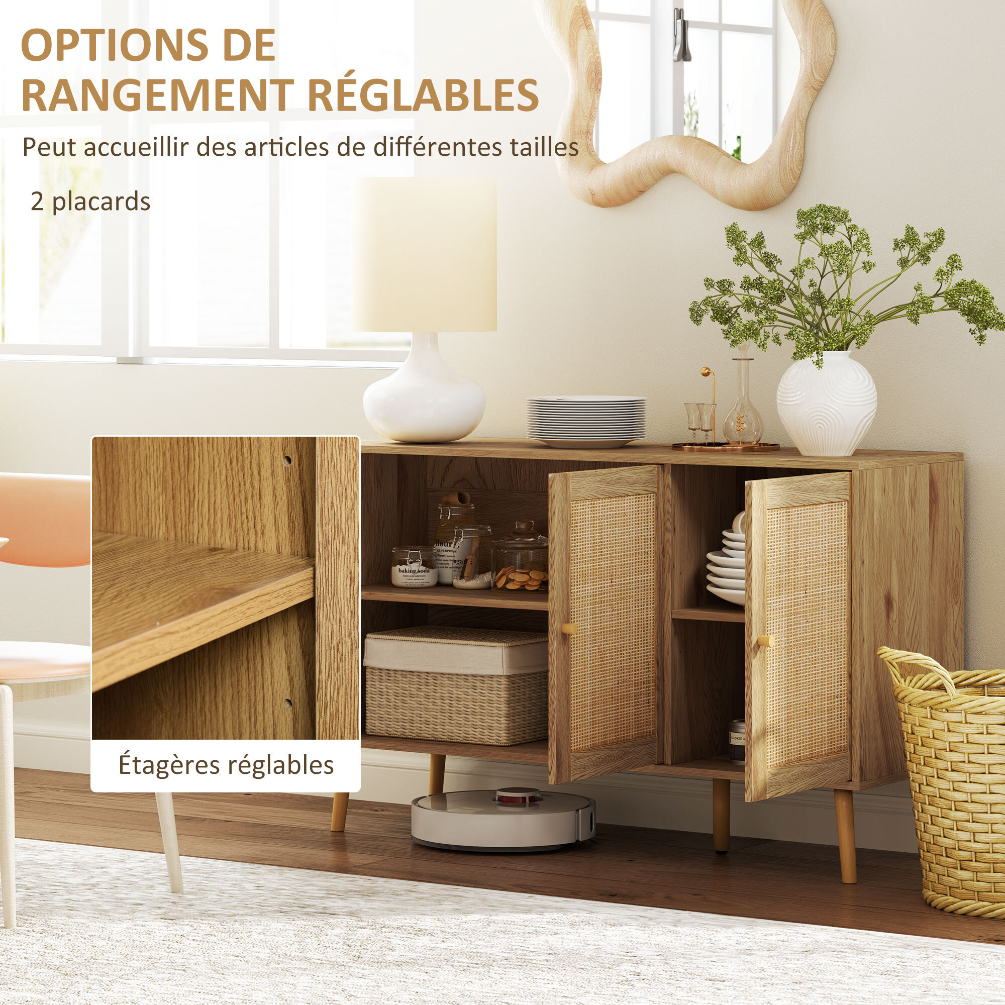 Buffet style cosy chic rotin - 3 portes, 2 étagères - dim. 120L x 40l x 75H cm - effet bois naturel