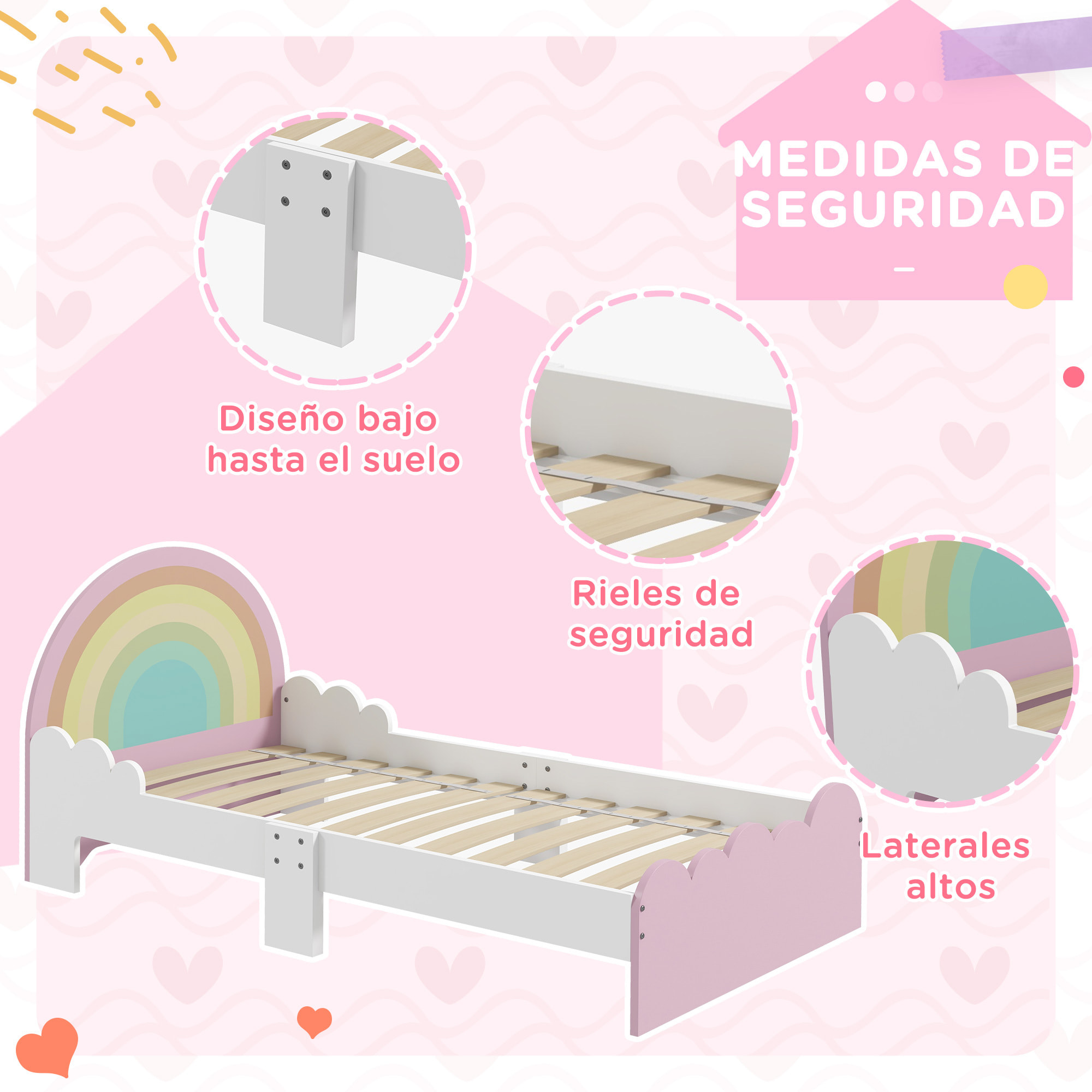 Cama para Niños de 3-6 Años 143x74x66 cm Cama Infantil de Madera en Forma de Arcoíris Mueble de Dormitorio Moderno Carga 80 kg Rosa