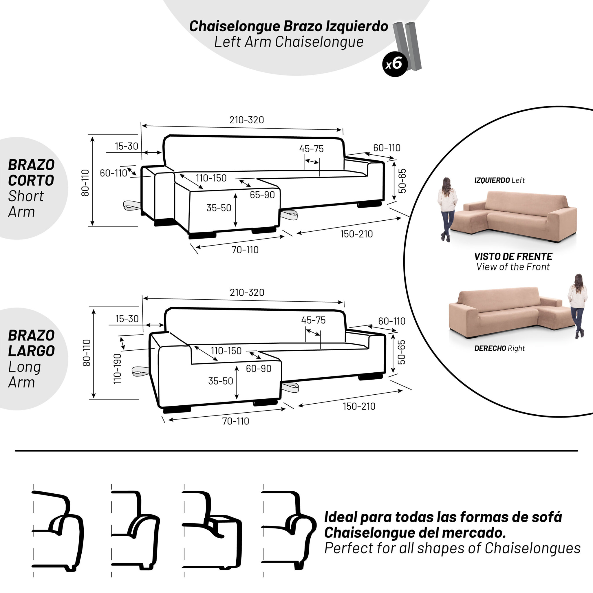 Funda para Chaise Longue izquierdo (visto de frente) brazo corto SÚPER ELÁSTICA modelo HELENA