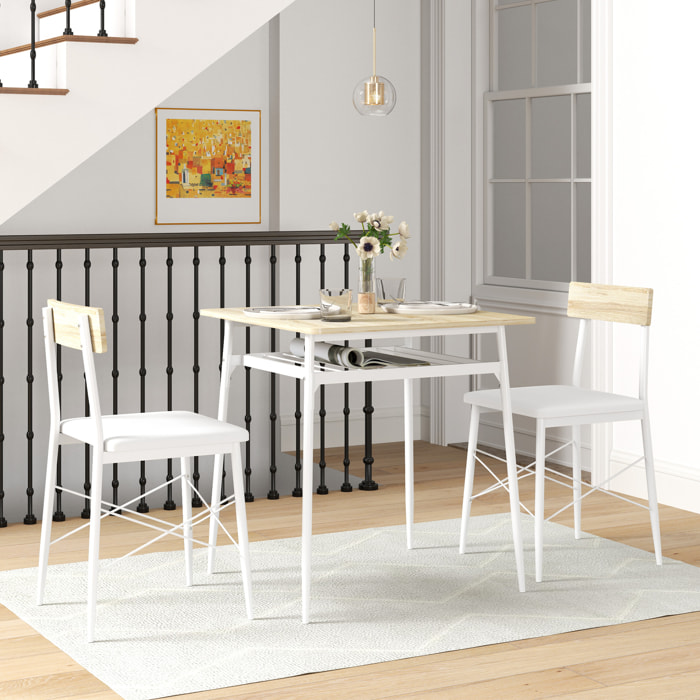 Conjunto de Mesa y Sillas de Comedor de 3 Piezas Mesa de Cocina con 2 Sillas sin Brazos Mesa Rectangular con Estante Abierto Estructura de Acero Blanco y Roble