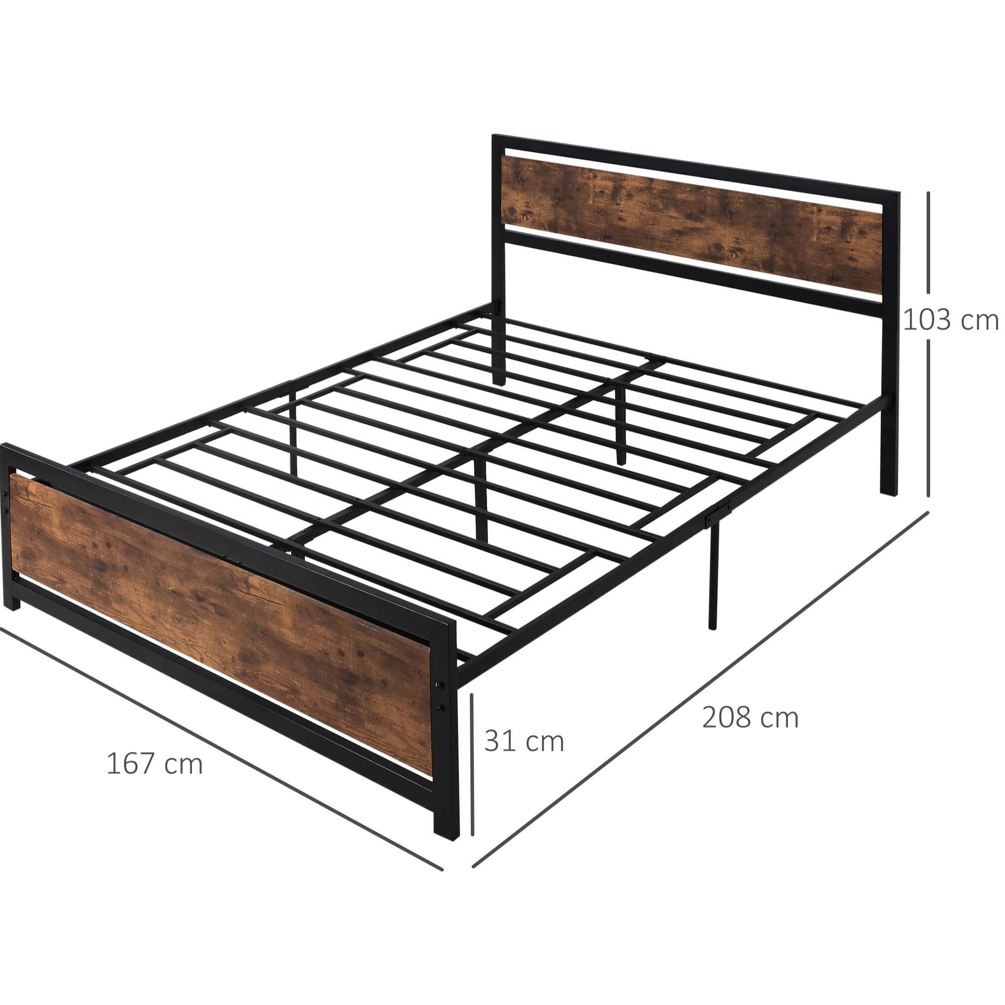 Lit double design industriel - tête de lit, pied de lit et sommier - dim. 208L x 167l x 103H cm - compatible matelas 200L x 160l cm - acier noir MDF aspect bois avec veinage