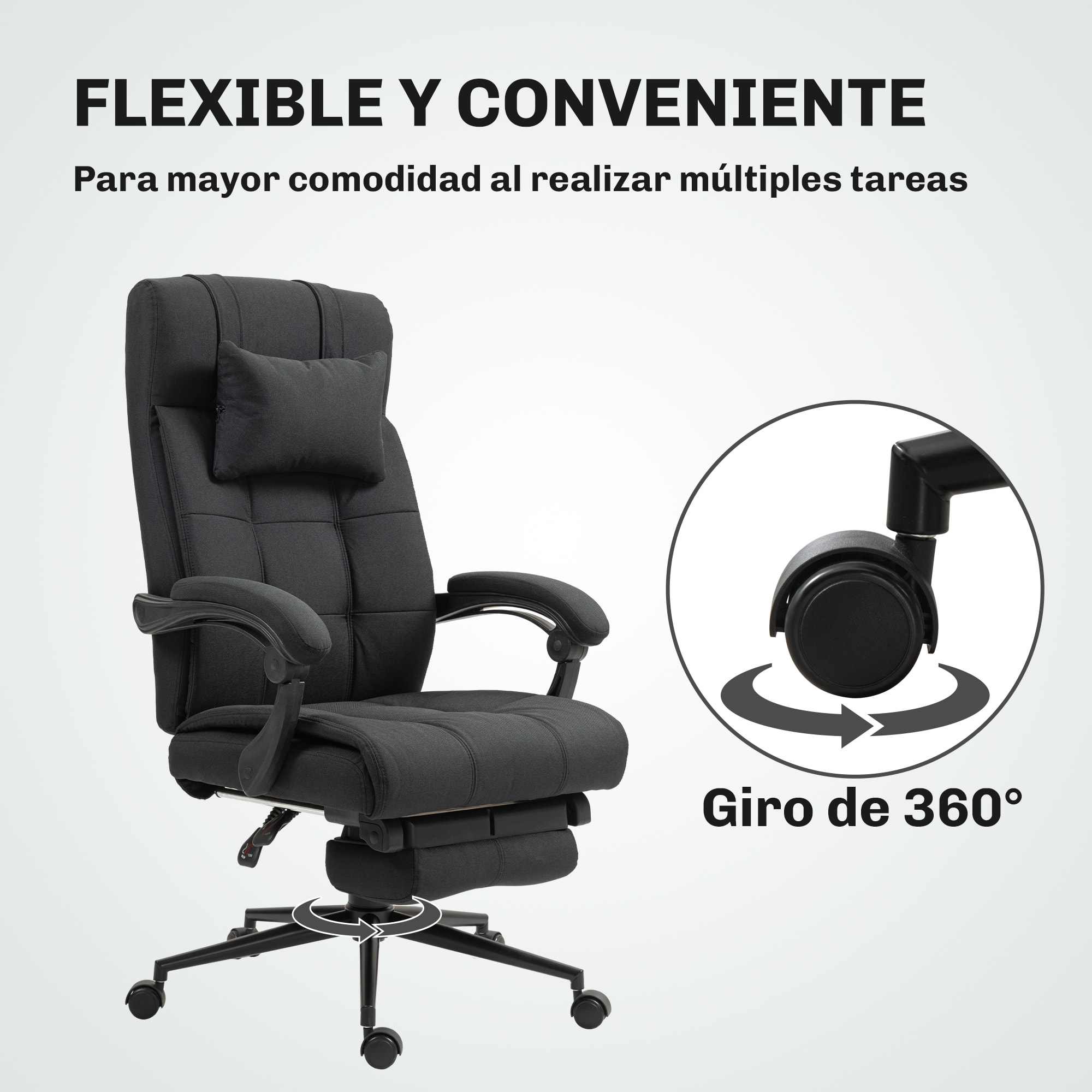 Silla de Oficina Reclinable Silla de Escritorio Giratoria Tapizado en Lino Sintético Altura Ajustable Reposapiés Reposacabezas y Reposabrazos Carga 150 kg para Estudio 66x76x112-120 cm Negro