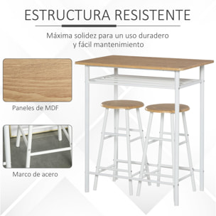 HOMCOM Juego de Mueble de Bar Set de Mesa Alta y 2 Taburetes con Estante de Almacenamiento y Marco de Metal para Cocina Comedor 80x50x90 cm Blanco y Natural