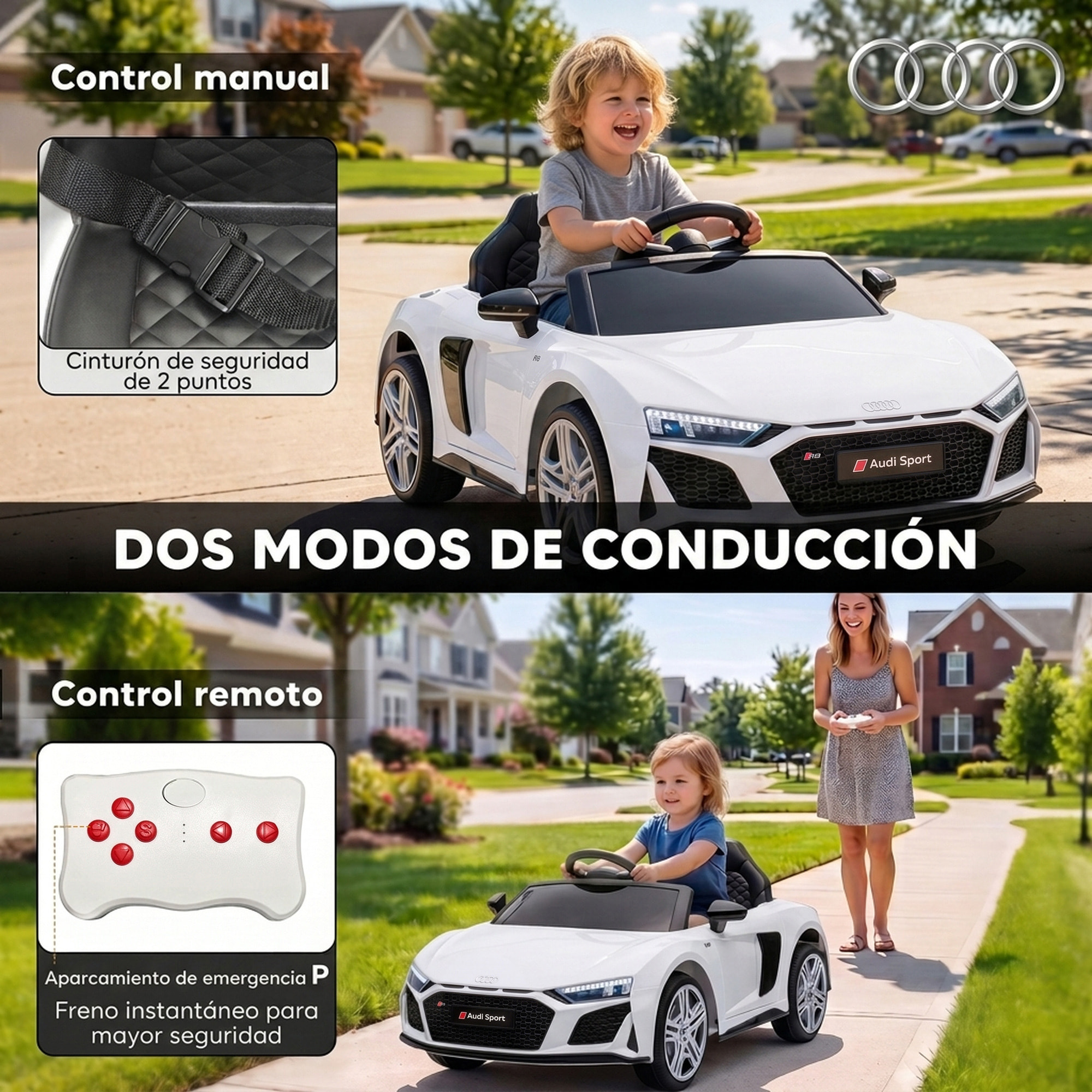 Coche Eléctrico para Niños Audi R8 Spyder Coche de Batería Litio 12V con Mando a Distancia 2,4 G 2 Motores Arranque Suave Suspensión Trasera Música Bocina USB Faros LED +3 Años 3-5km/h Blanco