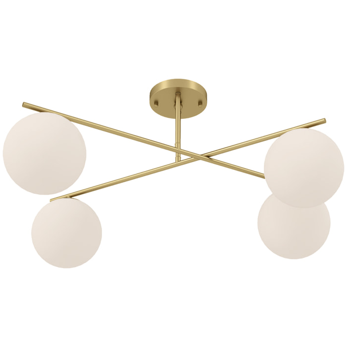 Plafonnier design doré dia. 75 cm 4 lampes boules verre dépoli blanc métal