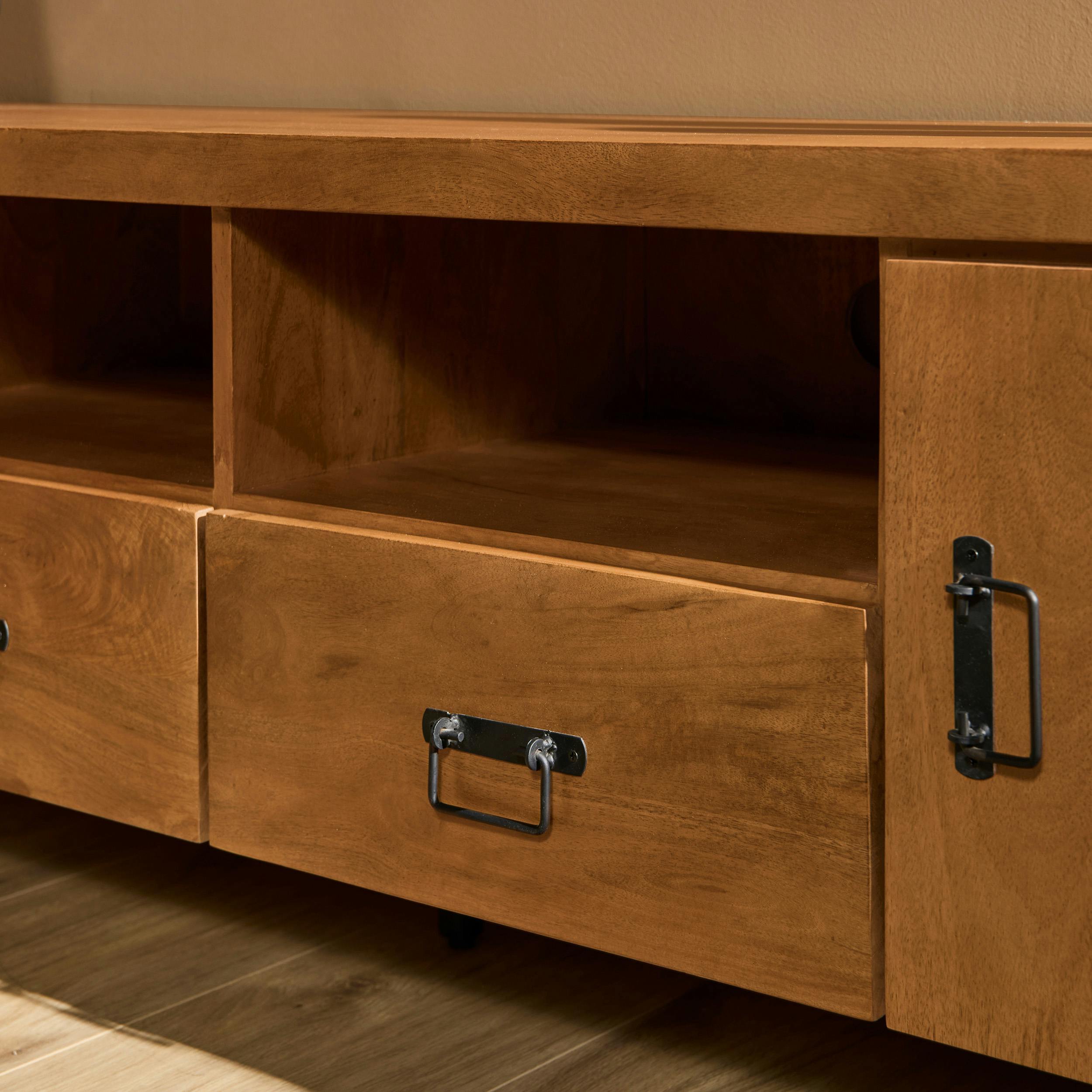 Meuble TV bois métal 2 portes 2 tiroirs MILORA