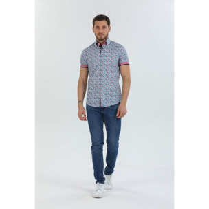 Camicia Uomo Manica Corta 2 Bottoni Button Down 7 Botto Popeline Stampato Celeste e Rosso