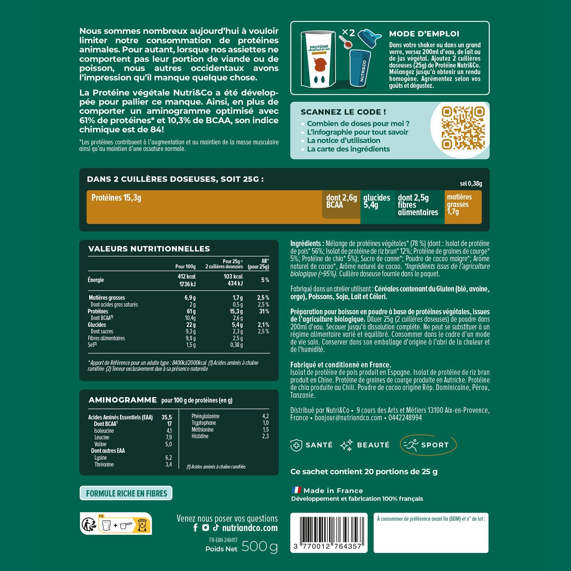 Nutri&Co Protéine Vegétale & Bio - 4 Sources : Pois, Riz, Chia et Courge - 500g goût Cacao